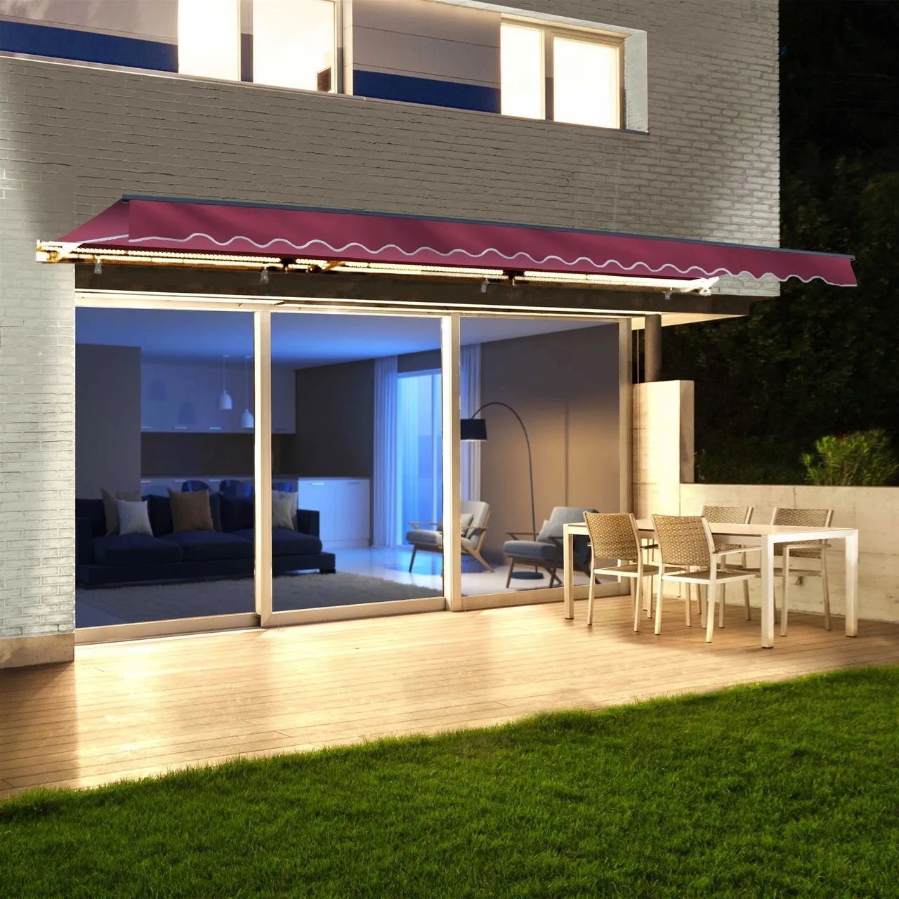 Aleko Half Cassette Motorized Retractable LED Luxury Patio Awning - 10 x 8 Feet - Burgundy