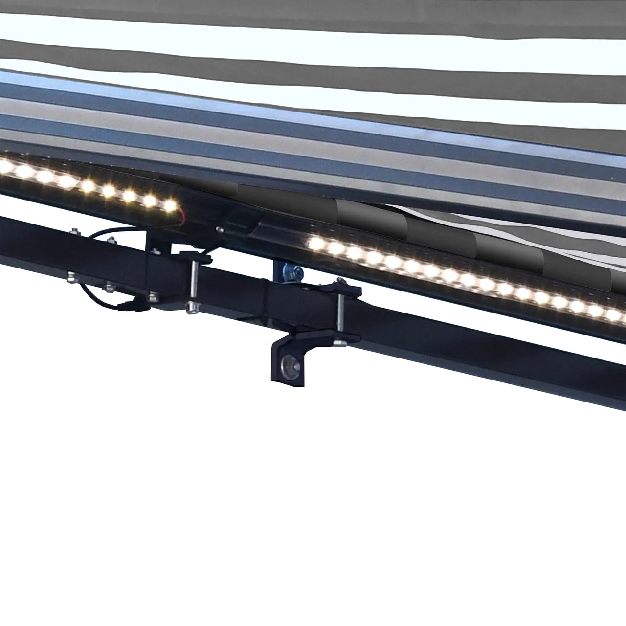 Aleko Half Cassette Motorized Retractable LED Luxury Patio Awning - 10 x 8 Feet - Gray and White Stripes