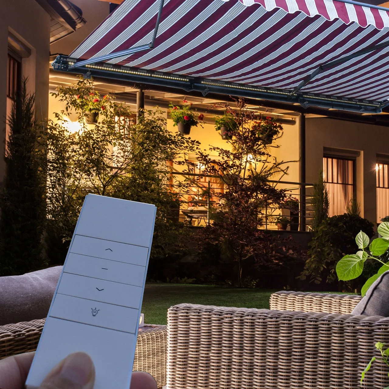 Aleko Half Cassette Motorized Retractable LED Luxury Patio Awning - 10 x 8 Feet - Red and White Stripes