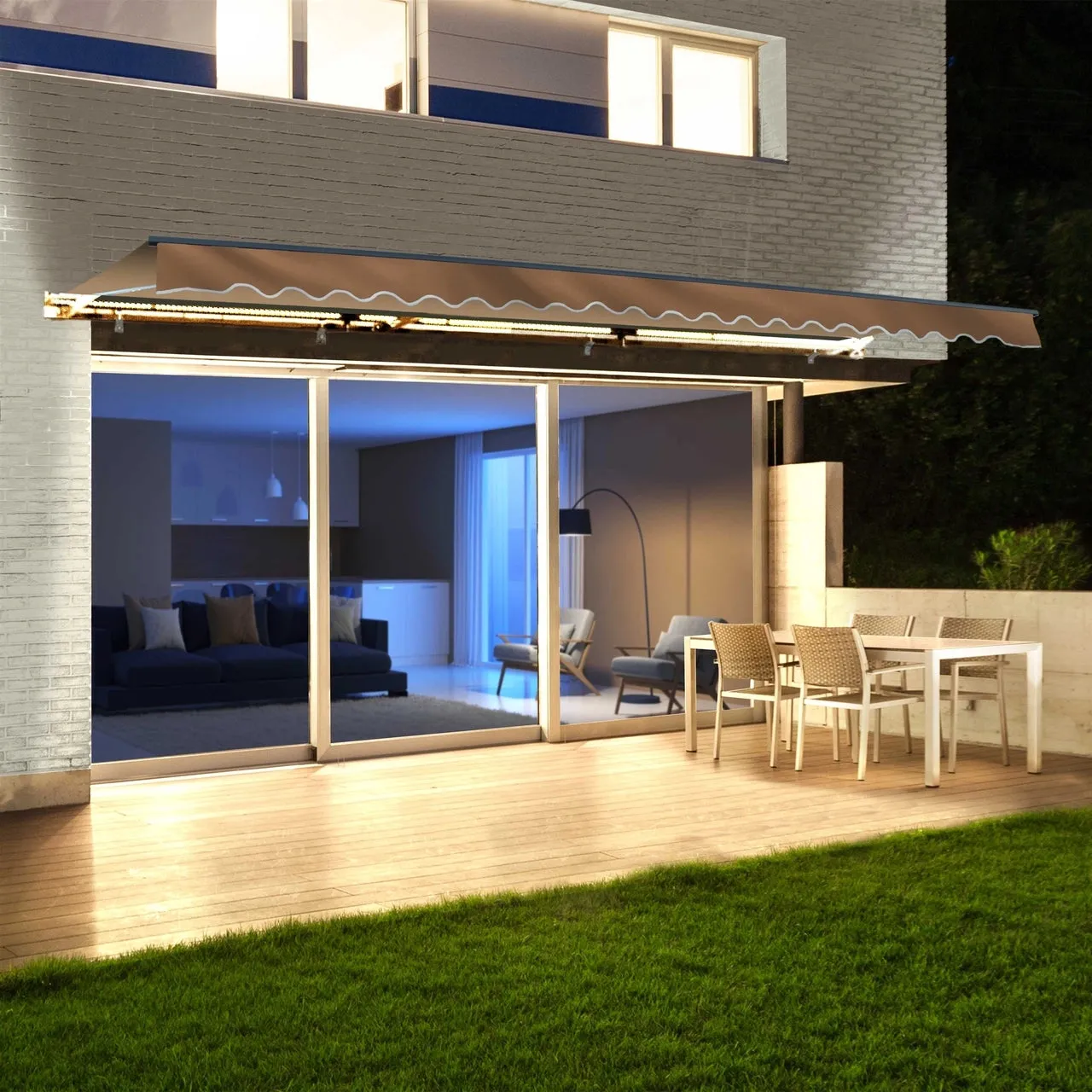Aleko Half Cassette Motorized Retractable LED Luxury Patio Awning - 10 x 8 Feet - Sand