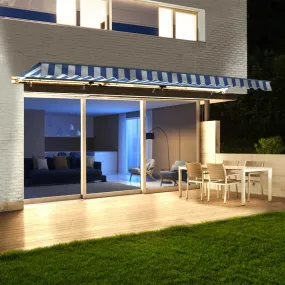 Aleko Half Cassette Motorized Retractable LED Luxury Patio Awning - 16 x 10 Feet - Blue and White Stripes