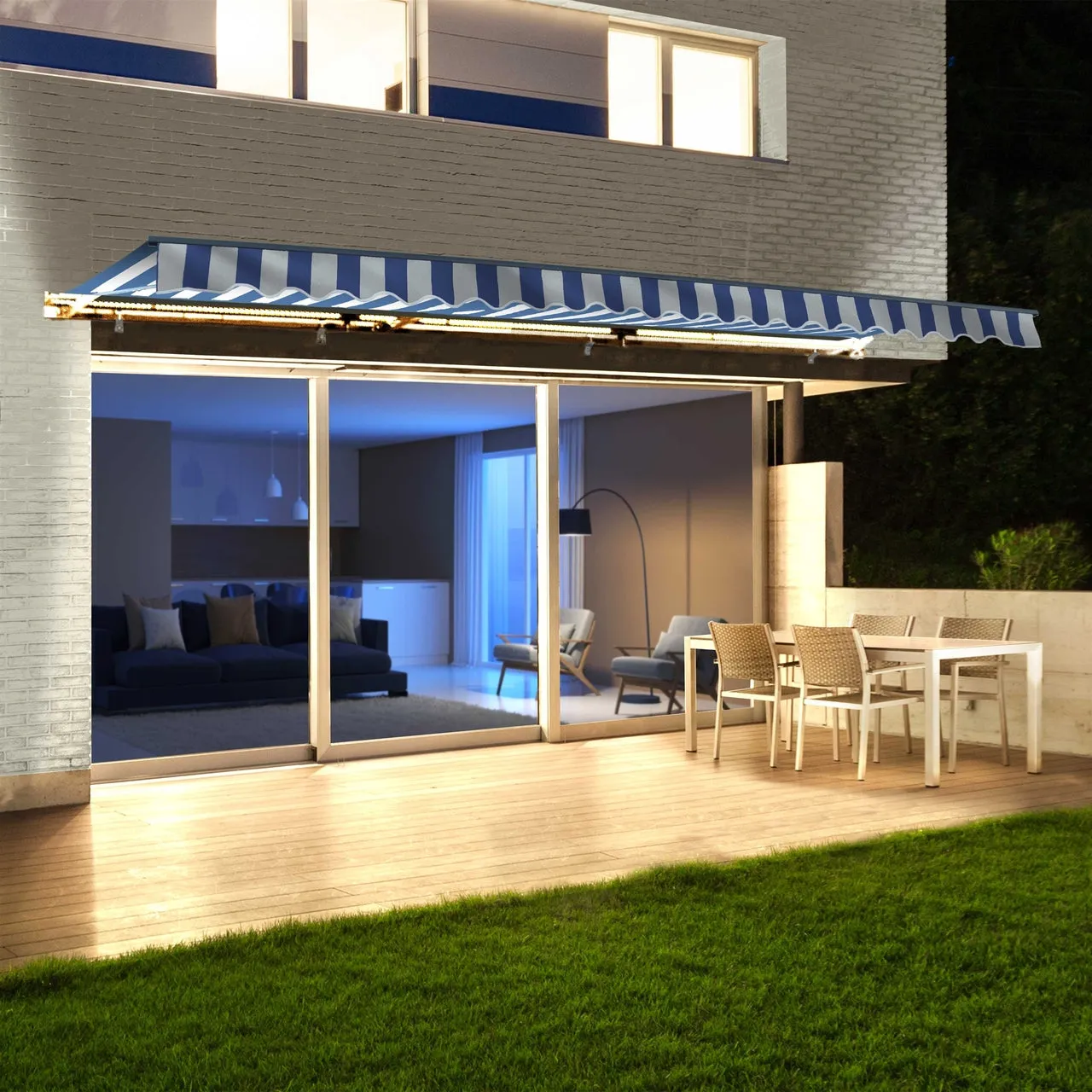 Aleko Half Cassette Motorized Retractable LED Luxury Patio Awning - 16 x 10 Feet - Blue and White Stripes