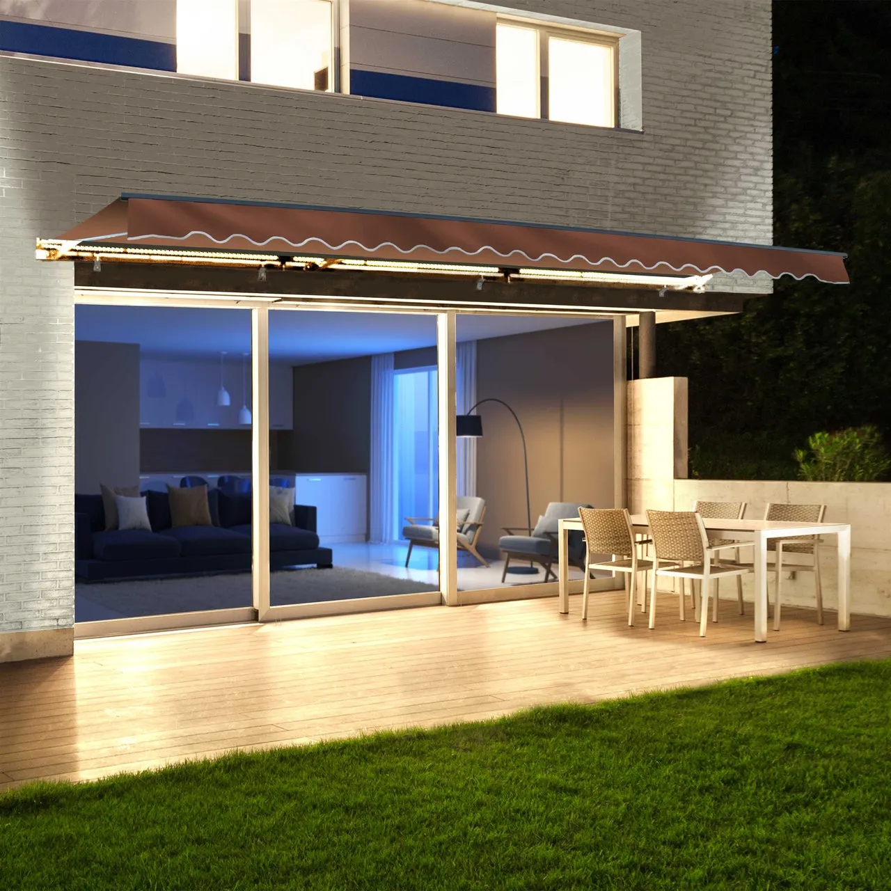 Aleko Half Cassette Motorized Retractable LED Luxury Patio Awning - 16 x 10 Feet - Brown