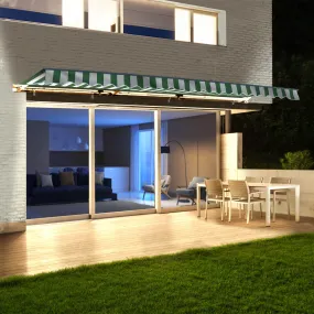Aleko Half Cassette Motorized Retractable LED Luxury Patio Awning - 20 x 10 Feet - Green and White Stripes