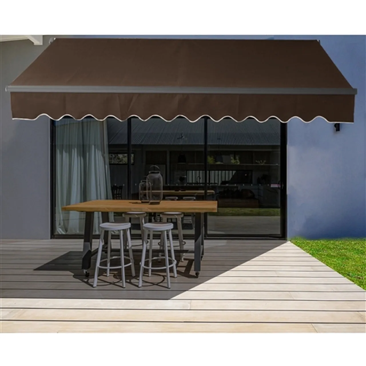 Aleko Motorized Retractable Black Frame Patio Awning 12 x 10 Feet - Brown