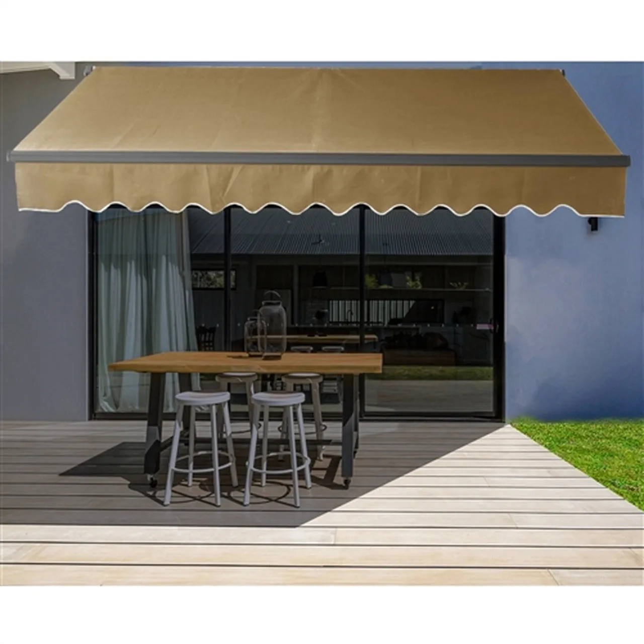 Aleko Motorized Retractable Black Frame Patio Awning 12 x 10 Feet - Sand