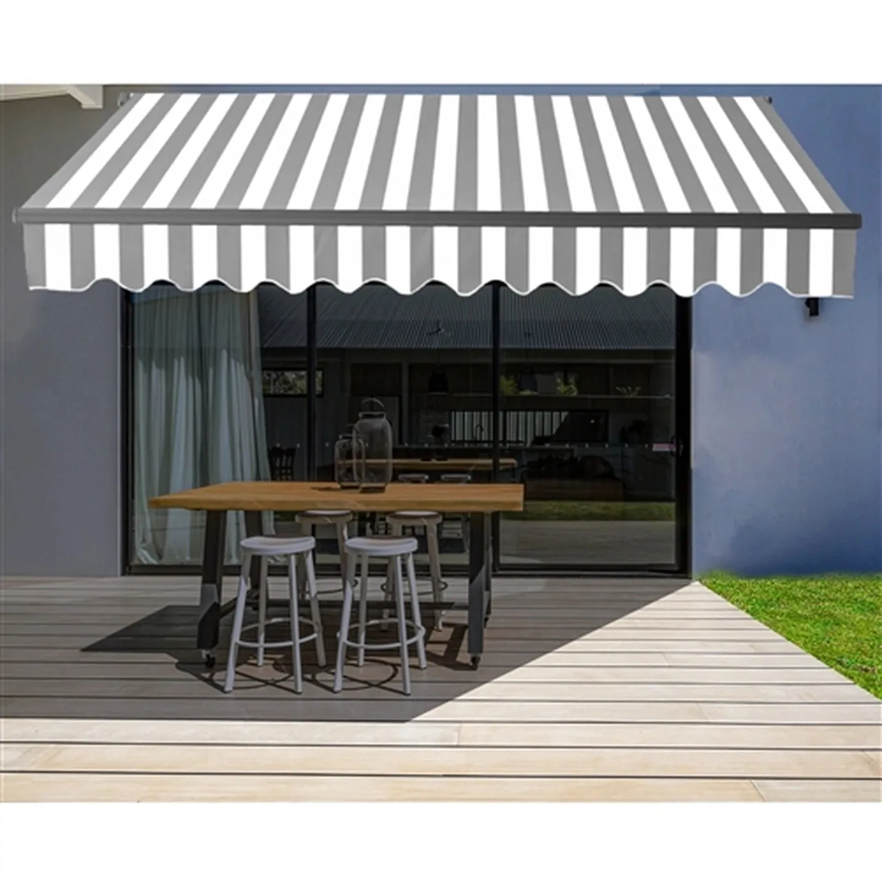 Aleko Motorized Retractable Black Frame Patio Awning 16 x 10 Feet - Gray and White Stripes