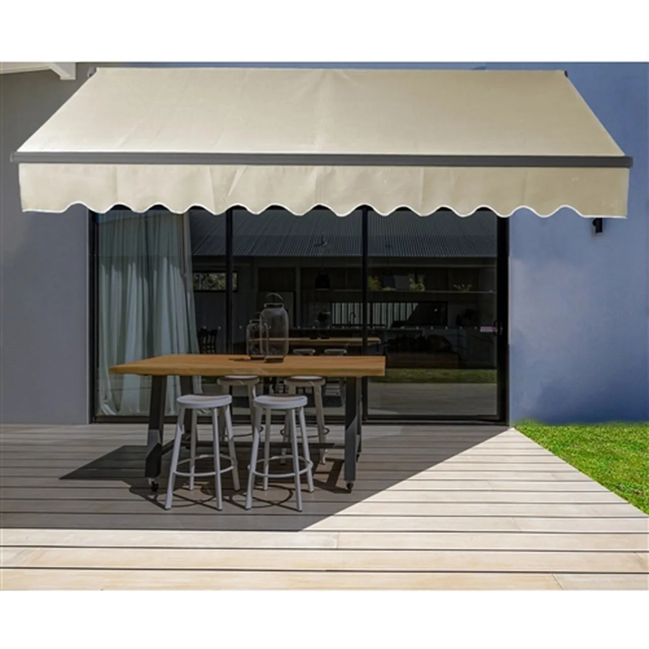 Aleko Motorized Retractable Black Frame Patio Awning 16 x 10 Feet - Ivory