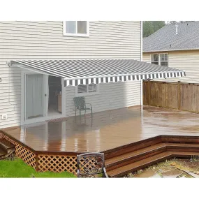 Aleko Retractable White Frame Patio Awning - 10 x 8 Feet - Gray and White Striped