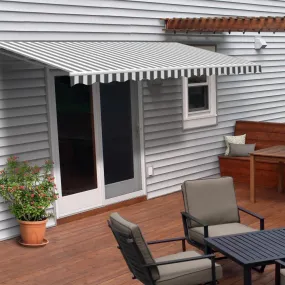 Aleko Retractable White Frame Patio Awning - 13 x 10 Feet - Gray and White Striped
