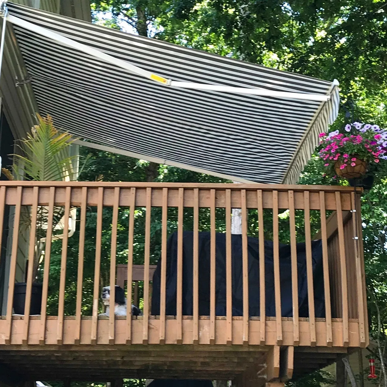 Aleko Retractable White Frame Patio Awning - 13 x 10 Feet - Gray and White Striped