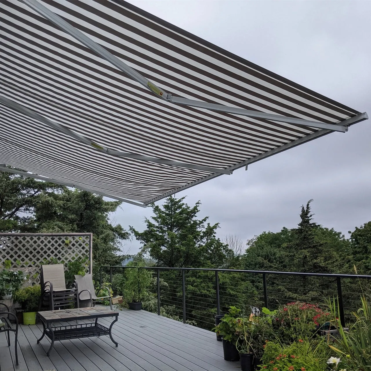 Aleko Retractable White Frame Patio Awning - 13 x 10 Feet - Gray and White Striped