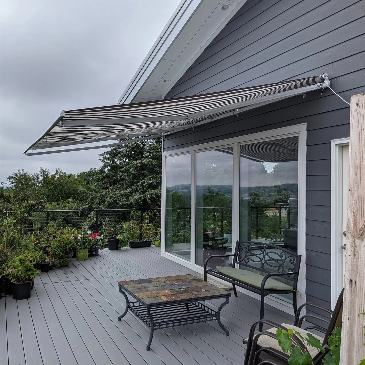 Aleko Retractable White Frame Patio Awning - 13 x 10 Feet - Gray and White Striped