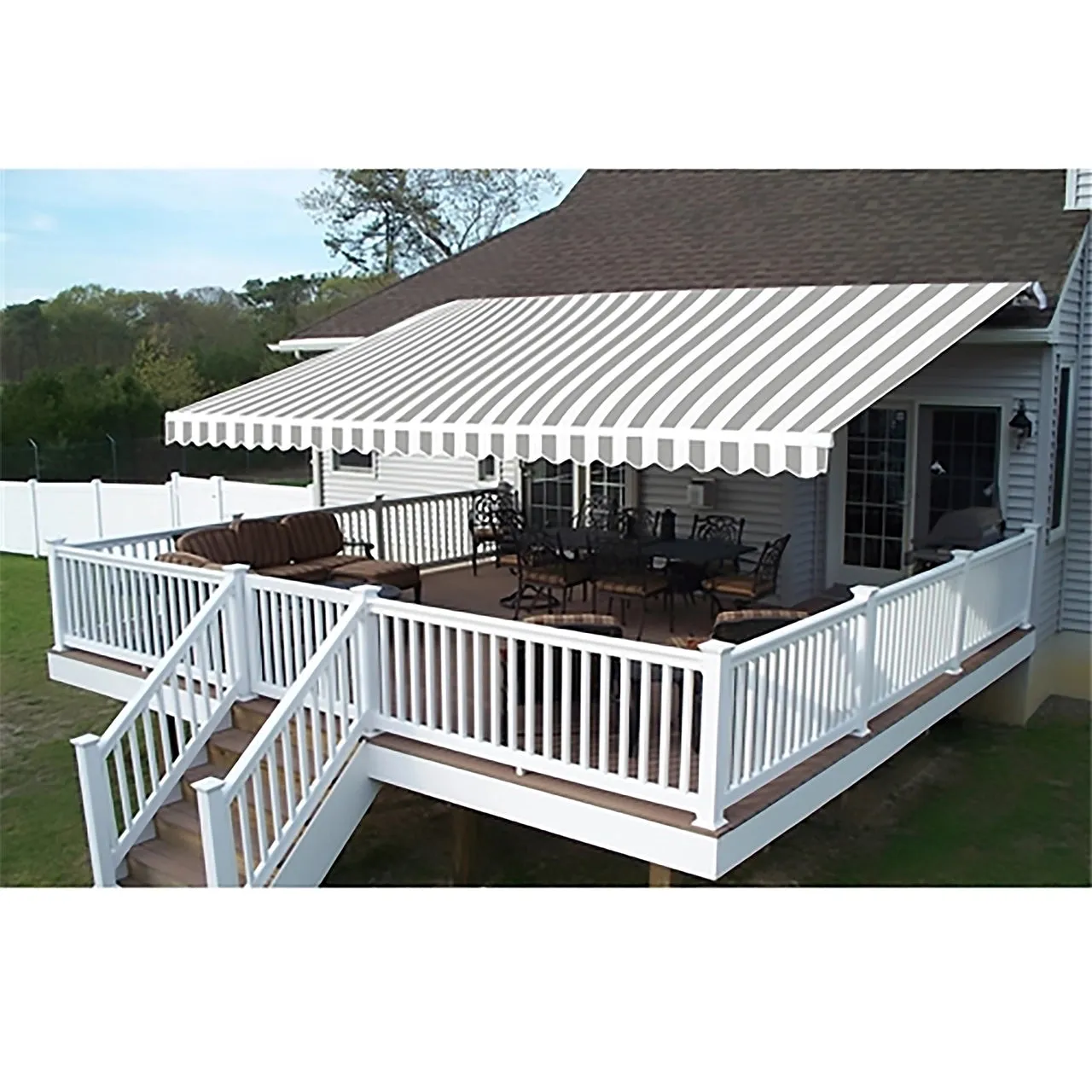 Aleko Retractable White Frame Patio Awning - 13 x 10 Feet - Gray and White Striped
