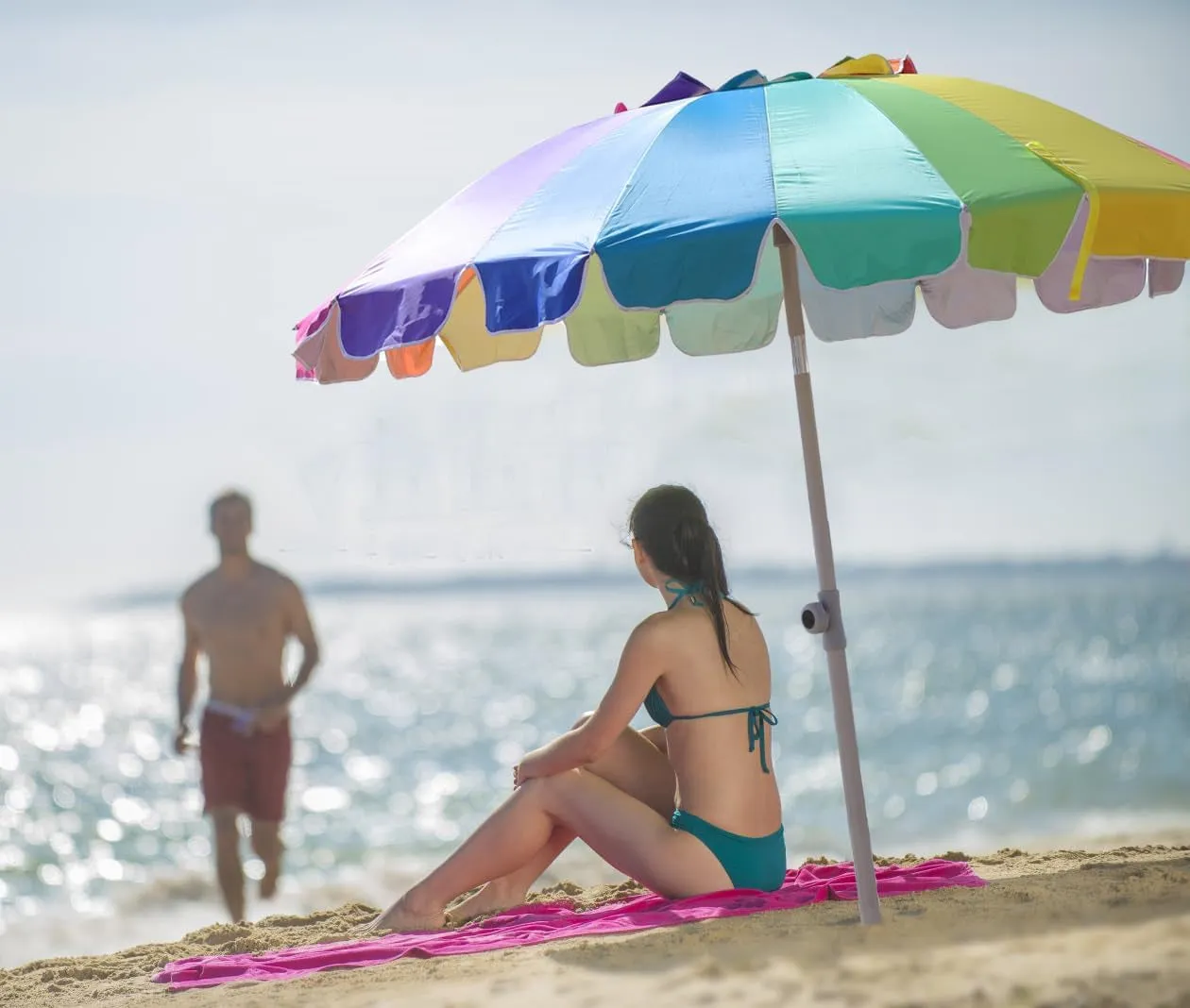 AMMSUN 7.5Ft Heavy Duty HIGH Wind Beach Umbrella with Sand Anchor & Tilt Sun Shelter, UV 50  Protection Outdoor Umbrellas Sunshade with Carry Bag for Patio Garden Pool Backyard Rainbow