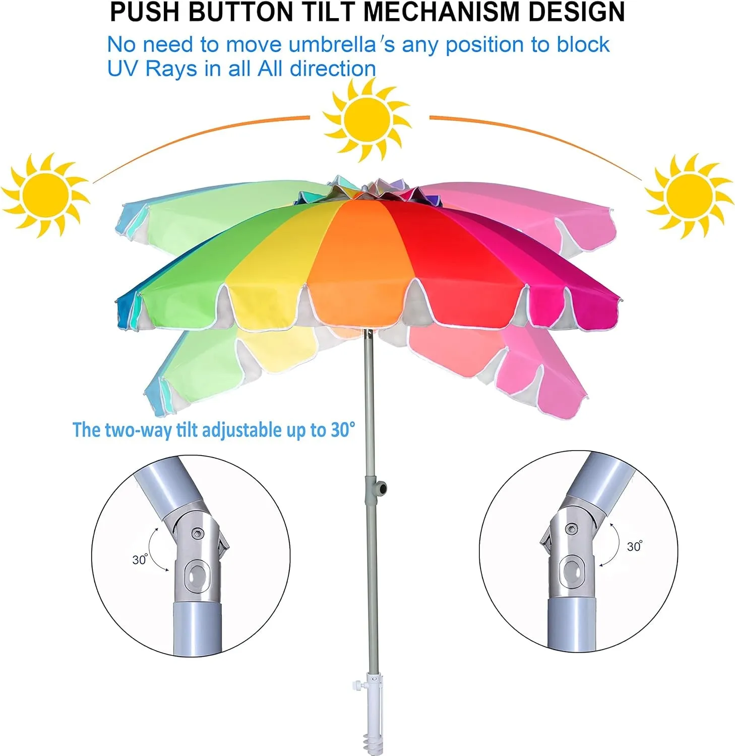 AMMSUN 7.5Ft Heavy Duty HIGH Wind Beach Umbrella with Sand Anchor & Tilt Sun Shelter, UV 50  Protection Outdoor Umbrellas Sunshade with Carry Bag for Patio Garden Pool Backyard Rainbow