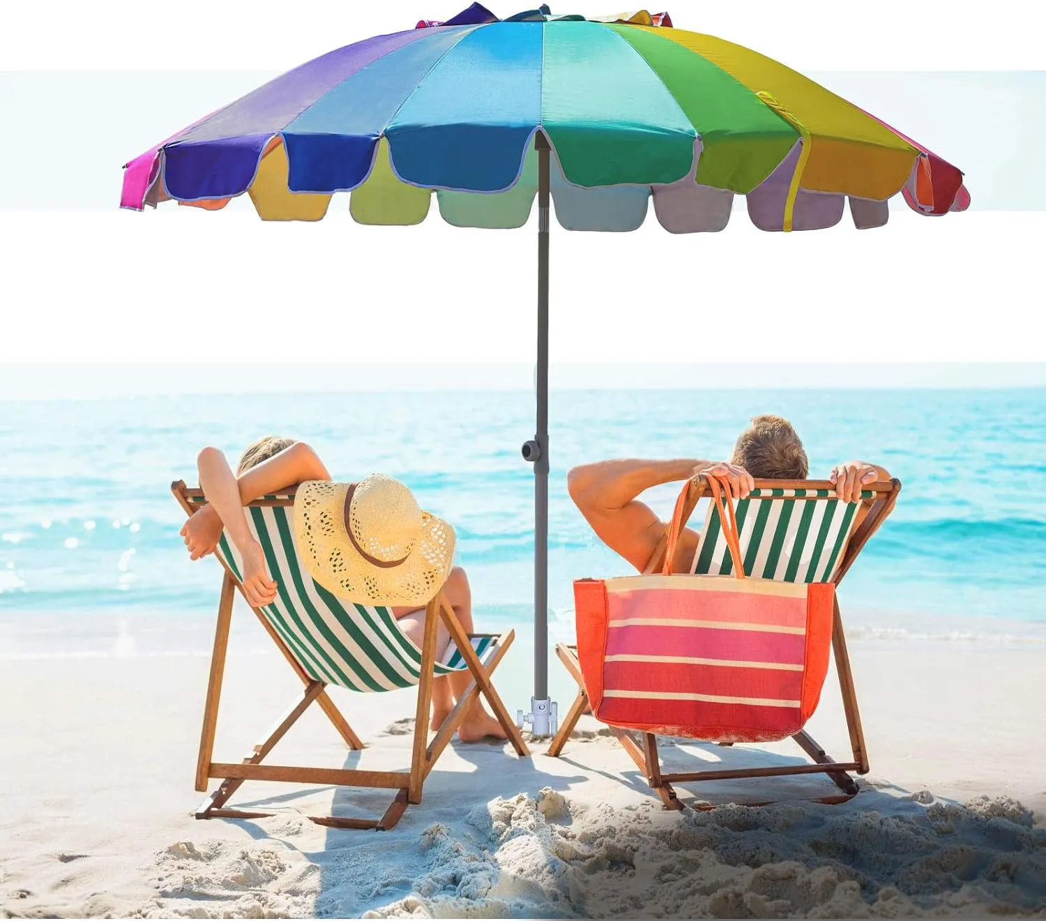 AMMSUN 7.5Ft Heavy Duty HIGH Wind Beach Umbrella with Sand Anchor & Tilt Sun Shelter, UV 50  Protection Outdoor Umbrellas Sunshade with Carry Bag for Patio Garden Pool Backyard Rainbow