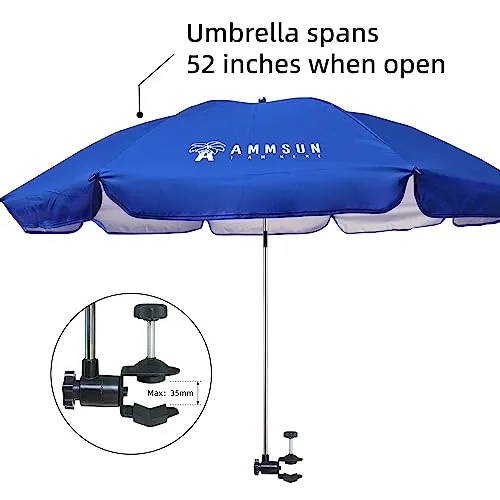AMMSUN XL Chair Umbrella with Universal Clamp 52 inches and 360-degree Swivel UPF 50 , Portable Clamp on Camping or Beach Chair, Stroller, Wheelchair, Golf cart, Blue, Large-sized