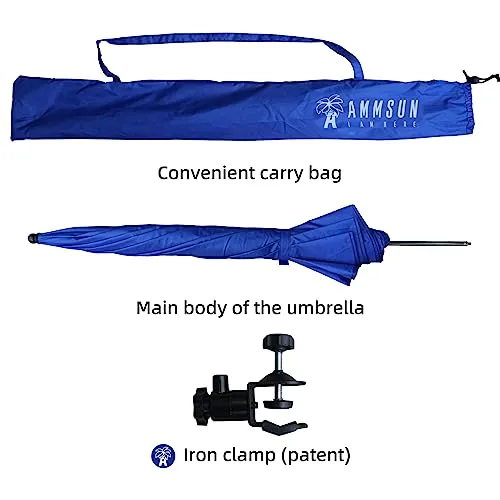 AMMSUN XL Chair Umbrella with Universal Clamp 52 inches and 360-degree Swivel UPF 50 , Portable Clamp on Camping or Beach Chair, Stroller, Wheelchair, Golf cart, Blue, Large-sized