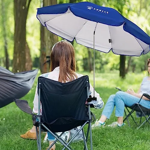 AMMSUN XL Chair Umbrella with Universal Clamp 52 inches and 360-degree Swivel UPF 50 , Portable Clamp on Camping or Beach Chair, Stroller, Wheelchair, Golf cart, Blue, Large-sized