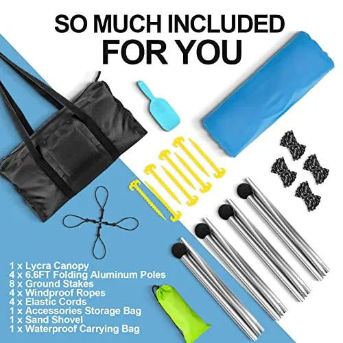 Buheco Beach Tent Pop Up Shade 10x10ft Beach Canopy Sun Shelter UPF50  with 4 Foldable Poles-Portable Carrying Bag-Sand Shovel-Ground Pegs-Windproof Ropes for Outdoor Family Camping-Fishing- Picnic