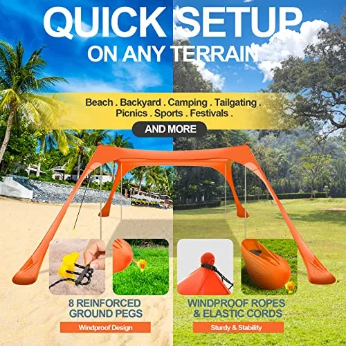 Buheco Beach Tent Pop Up Shade 10x10ft Beach Canopy Sun Shelter UPF50  with 4 Foldable Poles-Portable Carrying Bag-Sand Shovel-Ground Pegs-Windproof Ropes for Outdoor Family Camping-Fishing- Picnic