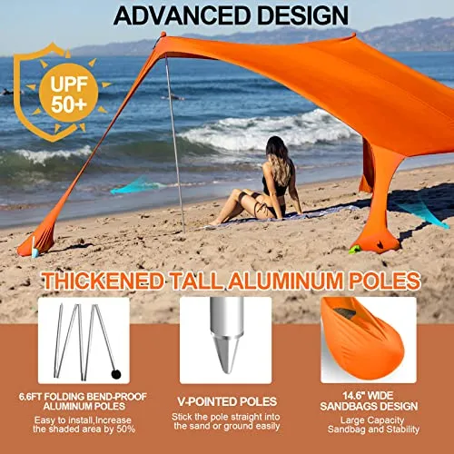 Buheco Beach Tent Pop Up Shade 10x10ft Beach Canopy Sun Shelter UPF50  with 4 Foldable Poles-Portable Carrying Bag-Sand Shovel-Ground Pegs-Windproof Ropes for Outdoor Family Camping-Fishing- Picnic