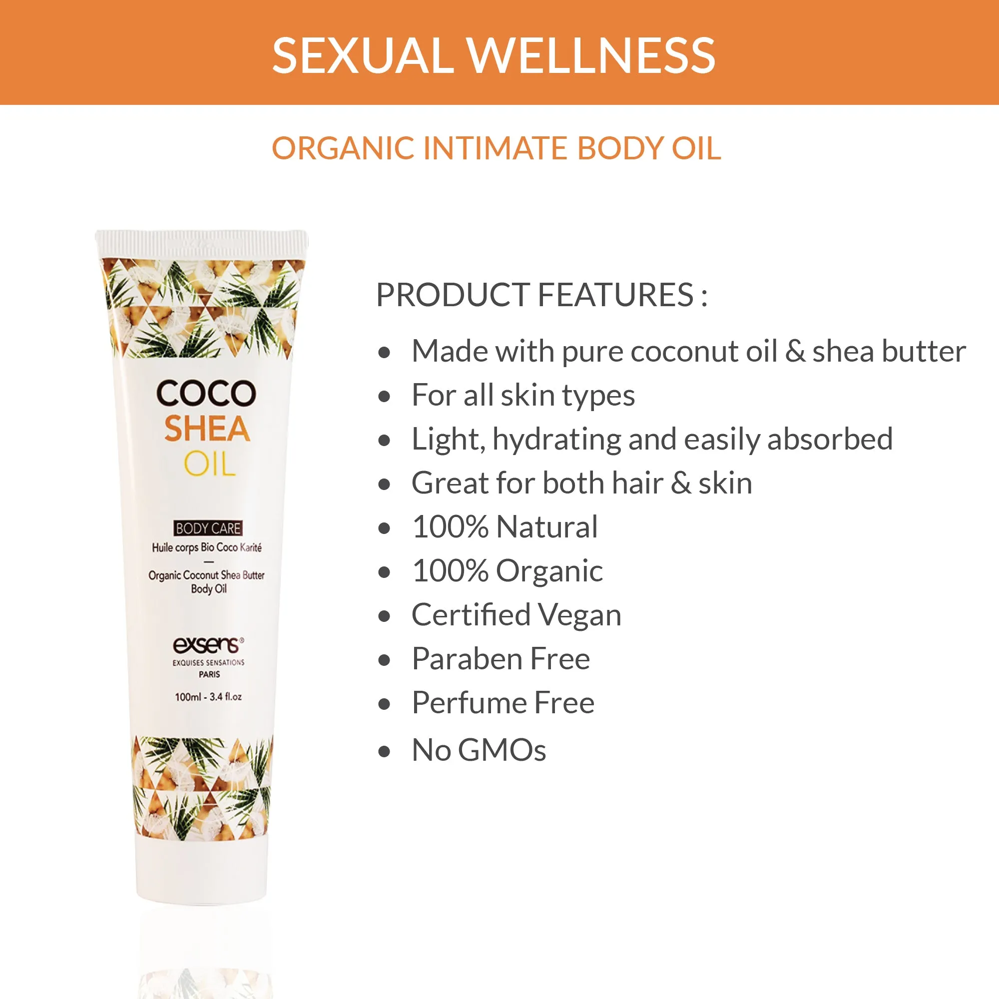 Exsens Cocoa Shea Body Oil and Intimate Moisturizer, Organic, Natural Scent, 100ml (3.4 fl.oz), 1 count