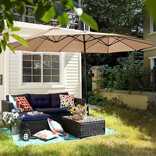 PHI VILLA 15ft Patio Umbrella Double-Sided Outdoor Market Extra Large Umbrella with Crank, Umbrella Base Included (Beige)
