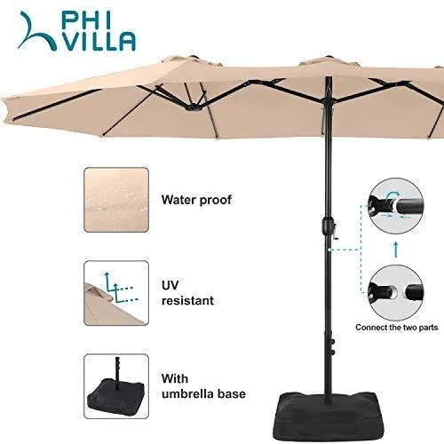 PHI VILLA 15ft Patio Umbrella Double-Sided Outdoor Market Extra Large Umbrella with Crank, Umbrella Base Included (Beige)