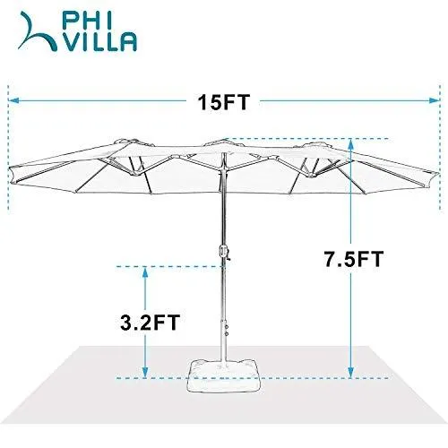 PHI VILLA 15ft Patio Umbrella Double-Sided Outdoor Market Extra Large Umbrella with Crank, Umbrella Base Included (Beige)