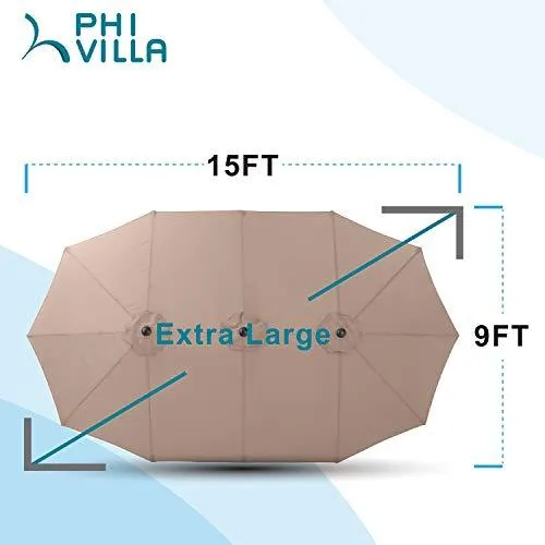 PHI VILLA 15ft Patio Umbrella Double-Sided Outdoor Market Extra Large Umbrella with Crank, Umbrella Base Included (Beige)