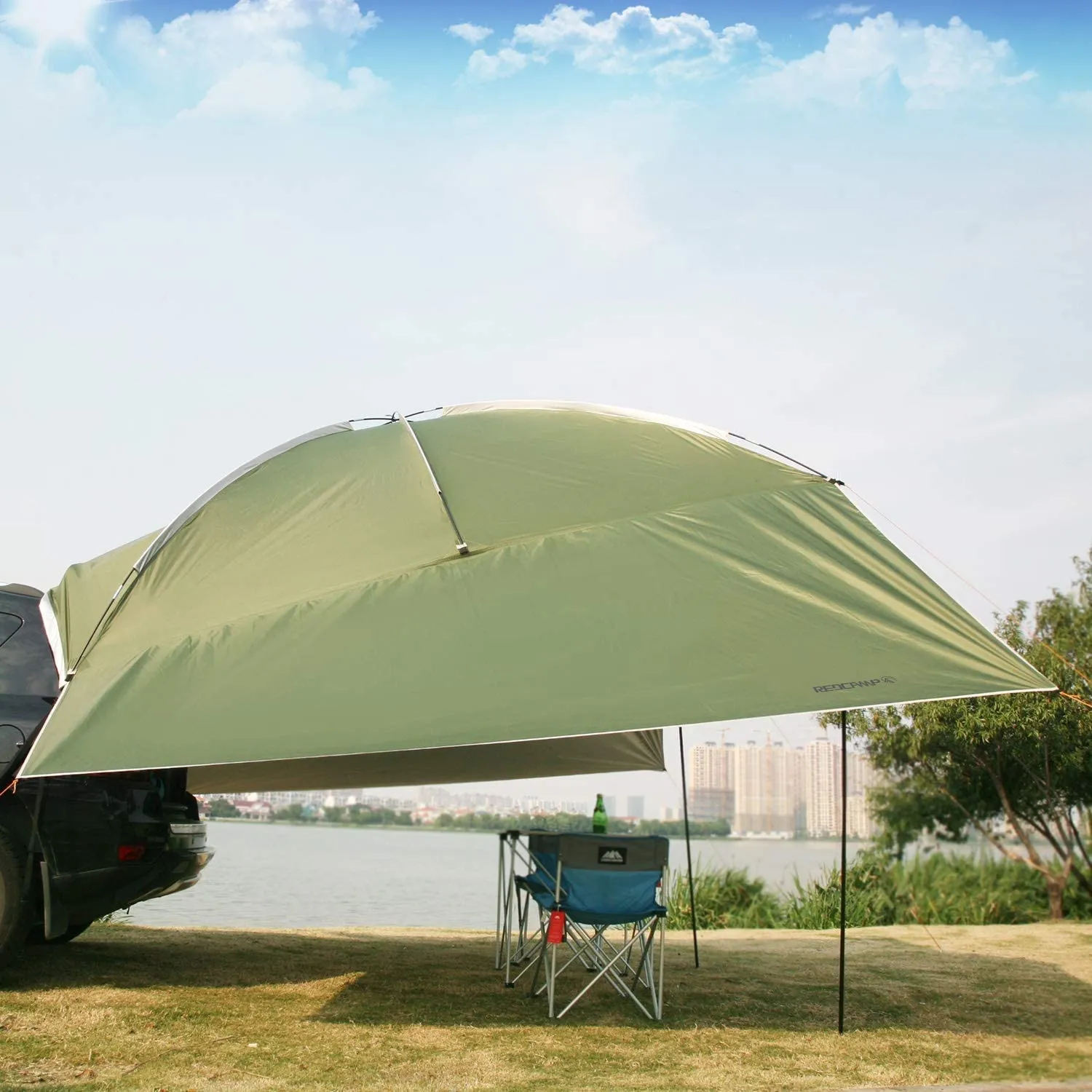 REDCAMP Waterproof Car Awning Sun Shelter, Portable Auto Canopy Camper Trailer Sun Shade for Camping, Outdoor, SUV, Beach Beige/Army Green