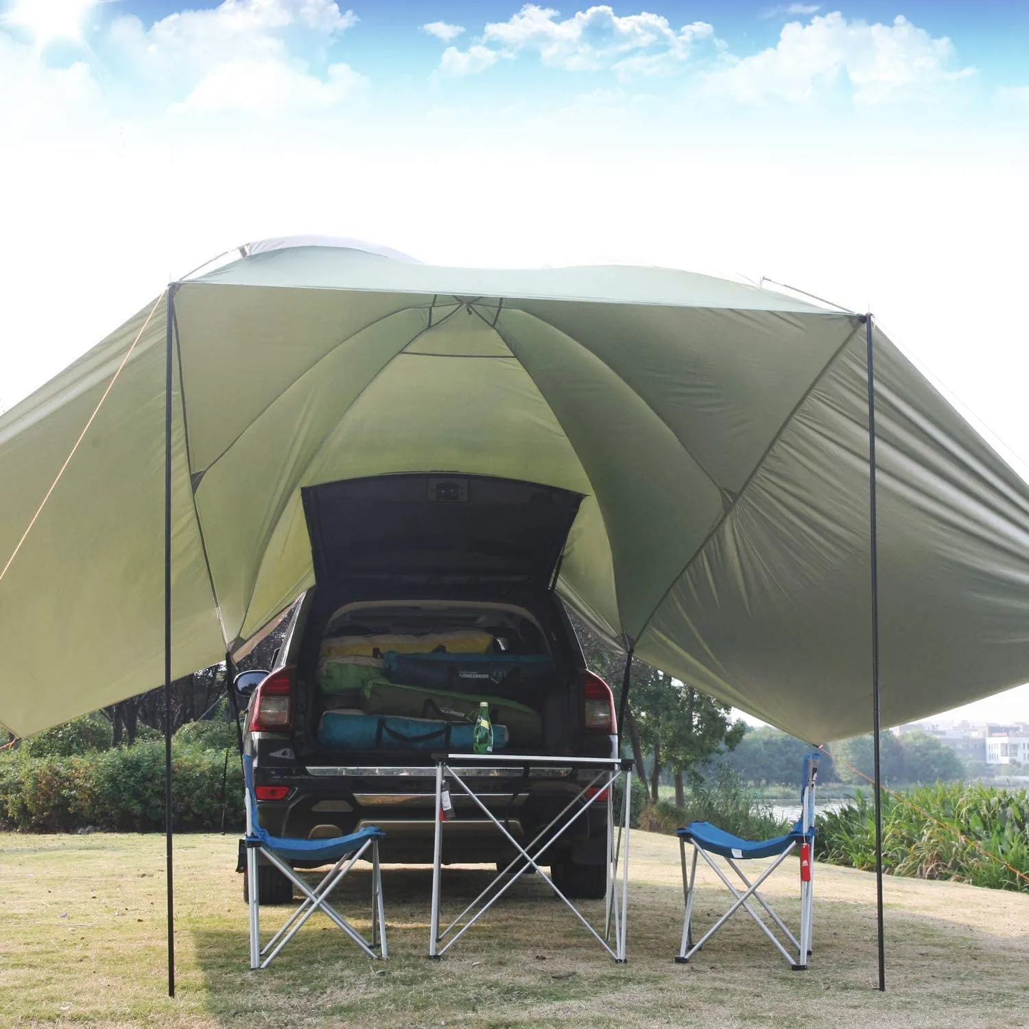 REDCAMP Waterproof Car Awning Sun Shelter, Portable Auto Canopy Camper Trailer Sun Shade for Camping, Outdoor, SUV, Beach Beige/Army Green