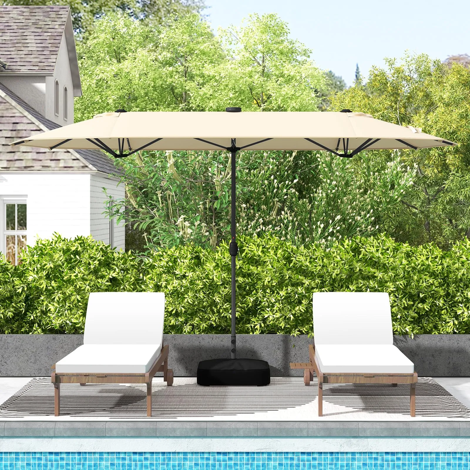 Tangkula 13FT Double-sided Patio Umbrella with Solar Lights, Large Twin Table Umbrella with Crank Handle
